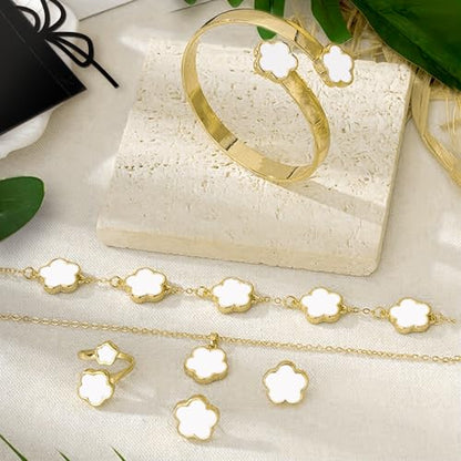 Lucky Flower Alloy Jewelry, Lucky Flower Design Necklace Earrings Bracelet Bangle Ring Jewelry Set, Clover Gold Plated Chain Wrap Ornament & Plush Pouch for Women - color: White