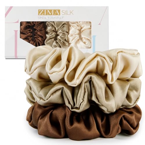 ZIMASILK 100% Pure Mulberry Silk Hair Scrunchies for Women | No Damage - Gentle Elastic Hair Ties for Ponytail Holder - Hair Accessories (3 Pack, Coffee, Taupe, Beige) - color: Chocolate, Taupe, Beige (3pcs)