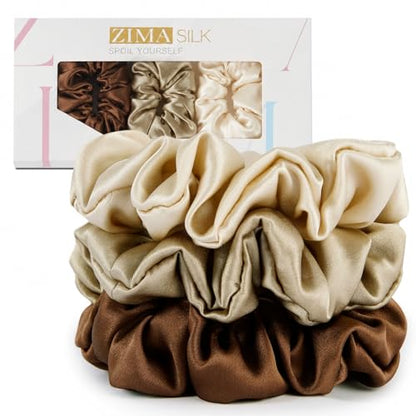 ZIMASILK 100% Pure Mulberry Silk Hair Scrunchies for Women | No Damage - Gentle Elastic Hair Ties for Ponytail Holder - Hair Accessories (3 Pack, Coffee, Taupe, Beige) - color: Chocolate, Taupe, Beige (3pcs)