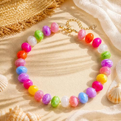Colorful Chunky Beaded Necklaces for Women Multicolor Large Round Resin Beads Collar Necklace Boho Trendy Statement Chokers Y2K Summer Beach Jewelry - color: Candy Rainbow-Oval