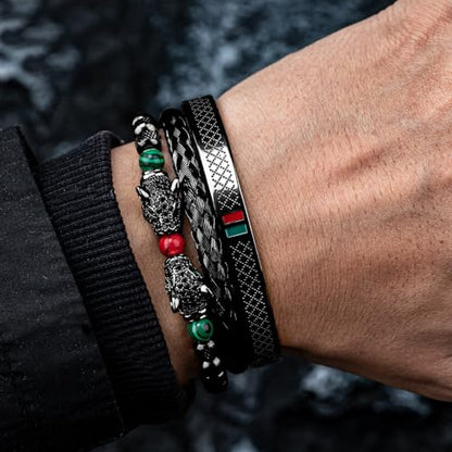 3pcs/set Classical Handmade Braiding Bracelet Hip Hop Men Pave CZ Leopard Head Roman Numeral Bracelet Stainless Steel Jewelry - color: 3pcs S Double Leopard Head Black