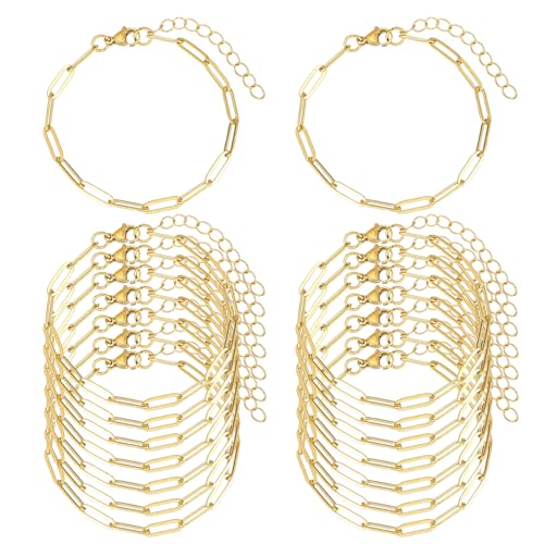KEIAOUE 16 Pack Charm Bracelet Chain Bulk Gold Plated Stainless Steel Paperclip Chains Bracelets for DIY Jewelry Making - color: Gold