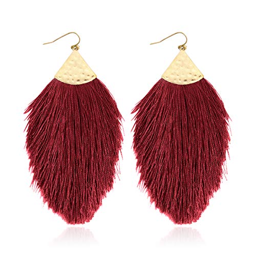 Bohemian Silky Thread Fan Fringe Tassel Statement Earrings - Lightweight Strand Feather Shape Dangles - color: Feather Fringe - Burgundy