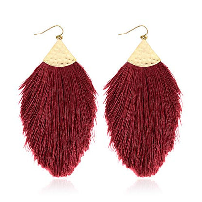 Bohemian Silky Thread Fan Fringe Tassel Statement Earrings - Lightweight Strand Feather Shape Dangles - color: Feather Fringe - Burgundy