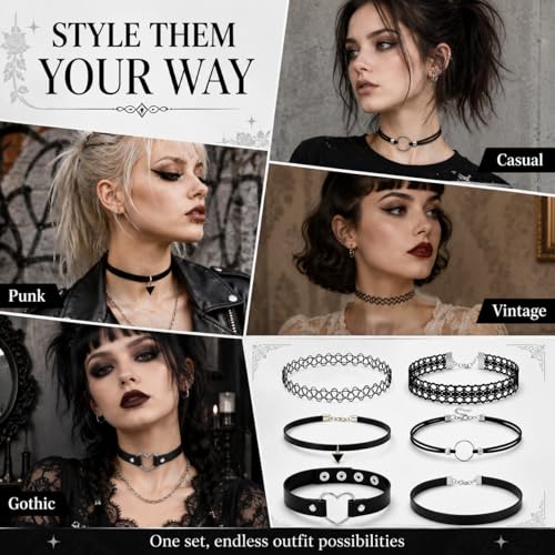 6 Styles Gothic Lace Choker Necklaces Set for Women, Black Lace Tattoo Chokers Necklace Punk Goth Jewelry, Adjustable 90s Vintage Emo Velvet Grunge Chokers Accessories Collection