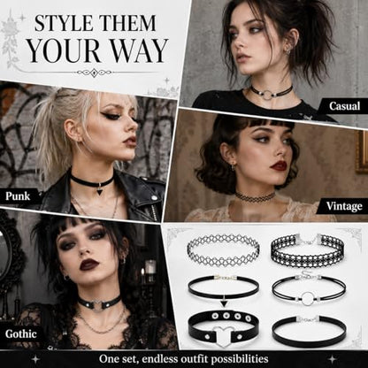 6 Styles Gothic Lace Choker Necklaces Set for Women, Black Lace Tattoo Chokers Necklace Punk Goth Jewelry, Adjustable 90s Vintage Emo Velvet Grunge Chokers Accessories Collection