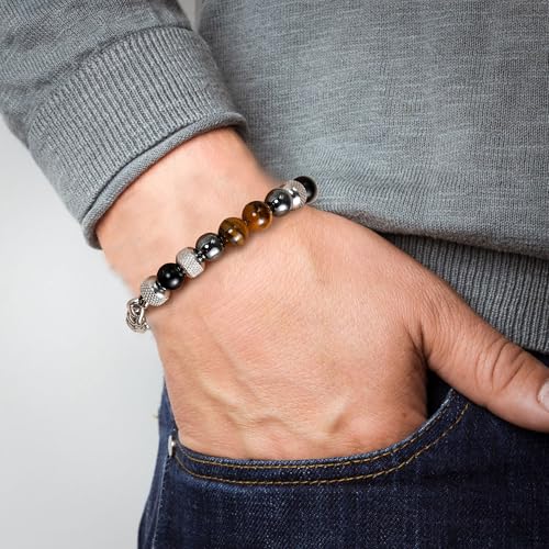 Mens Bead Bracelet Set - Adjustable Elastic Rope With 6&8MM Natural Stone Multi-Colored Beads - Tiger Eye Bracelets for Men - Gift - style: 1 Stainless steel bracelet