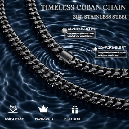 Gold Cuban Link Chain for Men Mens Stainless Steel Miami Curb Chains Necklace 5/8/10/12/14mm Thick Real Gold/Silver/Black Plated Diamond Cut Non-Tarnish Jewelry Trendy Gifts 16-30 Inch with Gift Box - color: 10mm Width - Black Plated, size: 22 in (56 cm)