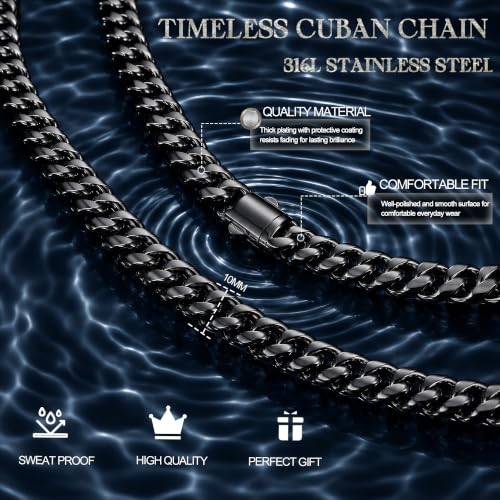 Gold Cuban Link Chain for Men Mens Stainless Steel Miami Curb Chains Necklace 5/8/10/12/14mm Thick Real Gold/Silver/Black Plated Diamond Cut Non-Tarnish Jewelry Trendy Gifts 16-30 Inch with Gift Box - color: 10mm Width - Black Plated, size: 20 in (51 cm)A
