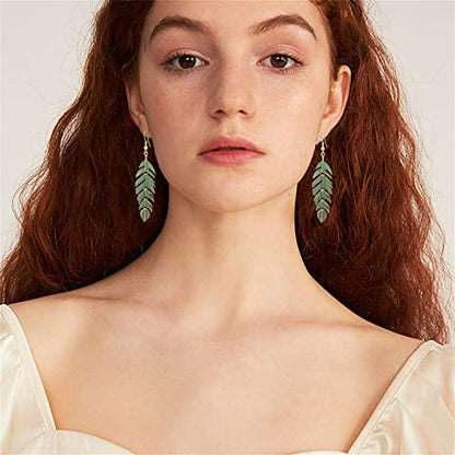 Handmade Boho Vintage Green Bronze Lightweight Statement Leaves Earrings with Detailed Texture Drop Dangle Earring for Women Floating Feathers Chain Earrings Jewelry Gifts