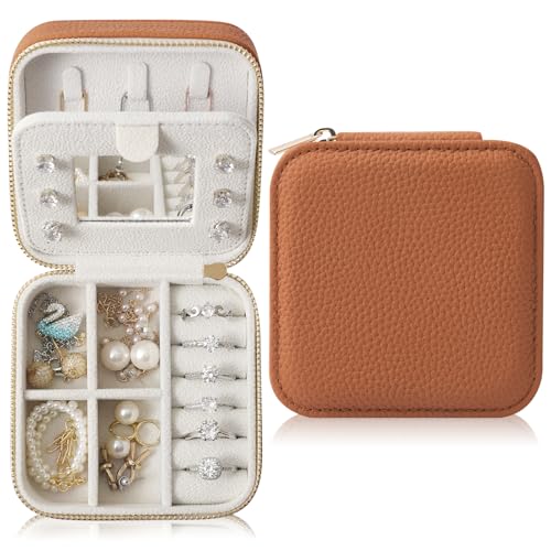 Genuine Leather Travel Jewelry Organizer Case with Mirror for Women, Small Mini Portable Jewelry Box for Earring, Ring, Necklace, Bracelet（Yellow Brown） - color: Lychee Grain Leather Yellow Brown