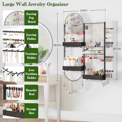 Keebofly Wall Mount Hanging Jewelry Organizer - Large Display Holder for Earrings, Rings, Necklaces, Bracelets, Watches and Perfume - Black - color: Black