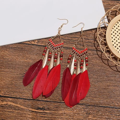Faux Feather Fringe Tassel Long Dangle Earrings for Women | Bohemian Women Tassel Drop Jewelry - color: dark red