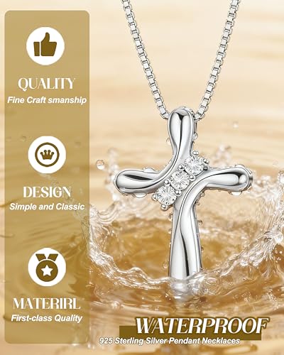FUNRUN JEWELRY 925 Sterling Silver Cross Necklace for Women 3 Stone Cubic Zirconia Silver Cross Pendant Necklaces with 1 MM Box Chain,18 Inches