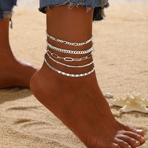 Gokeey Ankle Bracelets for Women Waterproof, 14k Gold Plated Jewelry Set Layered Cuban Figaro Link Chain Anklets Set Gold Anklets Summer Boho Beach Jewelry Gift Adjustable Size - color: Silver