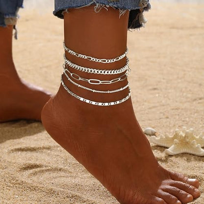 Gokeey Ankle Bracelets for Women Waterproof, 14k Gold Plated Jewelry Set Layered Cuban Figaro Link Chain Anklets Set Gold Anklets Summer Boho Beach Jewelry Gift Adjustable Size - color: Silver