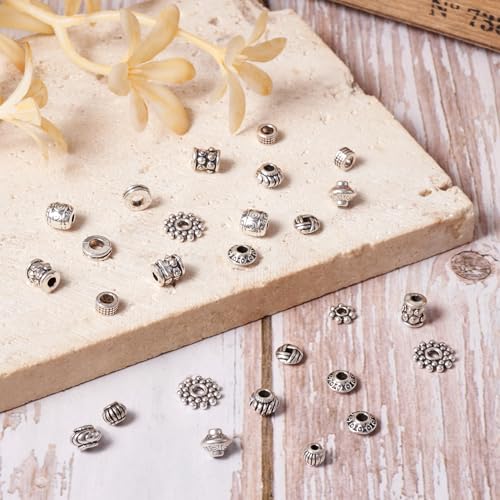 Craftdady 600Pcs Antique Silver Spacer Beads 12 Styles Tibetan Metal Barrel Tube Bicone Flat Round Snowflake Pumpkin Bead Spacers for Jewelry Making Hole: 2-3mm - color: 12 Styles, 600Pcs, Antique Silver