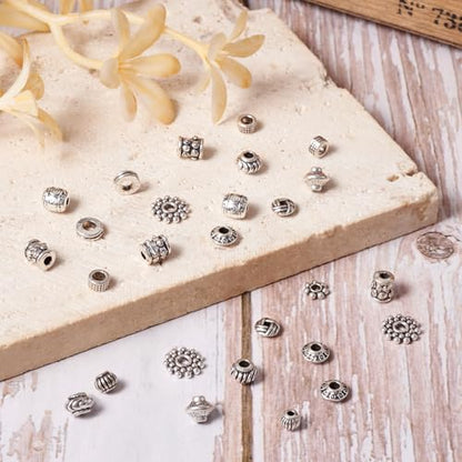 Craftdady 600Pcs Antique Silver Spacer Beads 12 Styles Tibetan Metal Barrel Tube Bicone Flat Round Snowflake Pumpkin Bead Spacers for Jewelry Making Hole: 2-3mm - color: 12 Styles, 600Pcs, Antique Silver