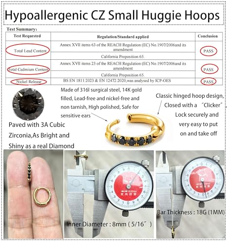 Hypoallergenic Unisex Surgical Steel Small Cubic Zirconia Huggie Hoop Earring, Color Gold - Silver - Rose Gold - Black - Rainbow, Size 6mm- 12mm Safe for Sensitive Ear - style: P06 : 8mm - gold - black cz