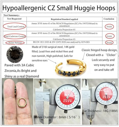 Hypoallergenic Unisex Surgical Steel Small Cubic Zirconia Huggie Hoop Earring, Color Gold - Silver - Rose Gold - Black - Rainbow, Size 6mm- 12mm Safe for Sensitive Ear - style: P06 : 8mm - gold - black cz