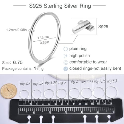 CANDYFANCY 925 Sterling Silver 1.2mm Stacking Midi Thin Rings Thumb Pinky Ring Stack Knuckle Rings for Women Band Ring Size 2.5-8.5 - color: silver-1pcs, size: 6.75