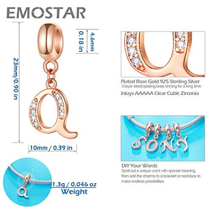 EMOSTAR Letter Charms Initial A-Z Alphabet Beads, Rose Gold 925 Sterling Silver Dangle CZ Birthstone Pendant, Gifts for European Charm Bracelet/Mothers Day/Birthday - color: Letter Q