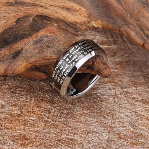 Fashion Month Mens 8mm Black Silver Tungsten Carbide Ring English Bible The Lords Prayer Cross Two-Tone Band for Him