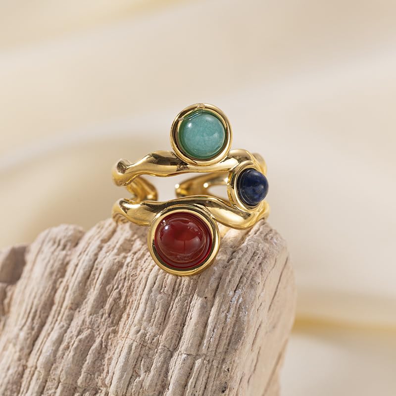 Gold Statement Ring, Vintage Adjustable Natural Stone Ring with Lapis Lazuli, Red Agate, Amazonite, Boho Jewelry for Women