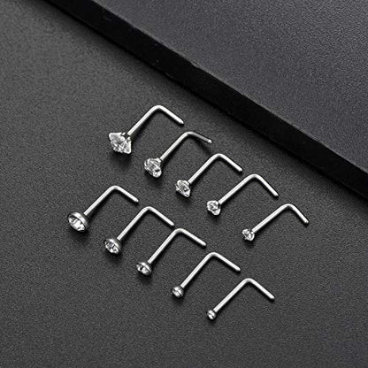 20G 10Pcs Stainless Steel L Screw Bone Shaped Nose Studs Rings Square Round CZ Nose Ring Labret Nose Piercing Jewelry for Men Women Silver Tone 1.5mm-2mm-2.5mm-3mm-3.5mm CZ - style: A:10Pcs,L Shaped