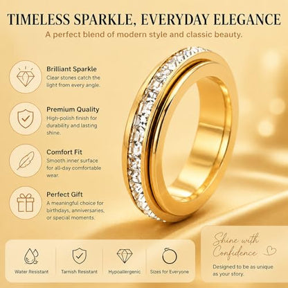 6mm Titanium Fidget Rings for Women Anxiety Relieving, Full Cubic Zirconia Eternity Wedding Band Ring, Hypoallergenic Stainless Steel Gold Rings No Tarnish Love Statement Jewelry