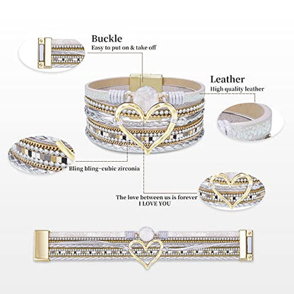 Bracelets for Women, Gifts for Mom Her Christmas Gift 2026 Leather Bracelets for Women Birthday Gift for Daughter Inspirational Wrap Bracelet Sister Friend Teen Girl Gift Layered Stocking Stuffers Jewelry - style: Silver - Heart