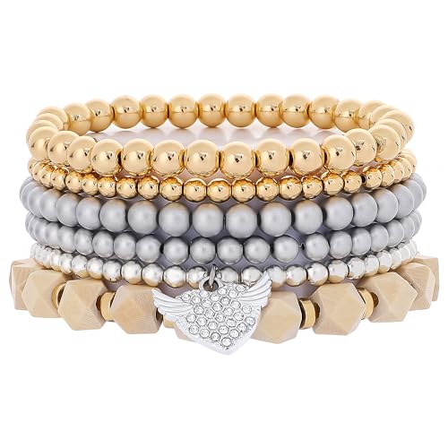 Boho Beaded Stretch Bracelets For Women Stackable Crystal Gold Plated Beaded Bracelets Set Trendy Handmade Friendship Braeclet Jewelry Gifts - color: M-Gold&Silver Beaded Bracelet