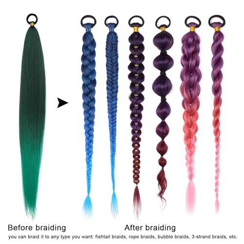 2 Pc Braid Ponytail Extension with Hair Tie Green Gradient Braid Extensions | LyoRuSi 26 Inch Long Braided Extensions, Straight Sleek Wrap Around Braid Hair Extensions Ponytail (Dark green/green) - color: Green gradient#（Dark green/green）, size: 26 Inch（P