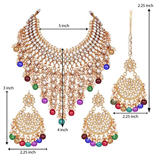 Aheli Elegant Indian Wedding Wear Faux Kundan Studded Choker Necklace with Maang Tikka Set Ethnic Fashion Jewelry for Women Maroon Kundan & Pearl Drop - color: Multi color