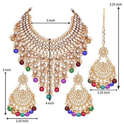 Aheli Elegant Indian Wedding Wear Faux Kundan Studded Choker Necklace with Maang Tikka Set Ethnic Fashion Jewelry for Women Maroon Kundan & Pearl Drop - color: Multi color