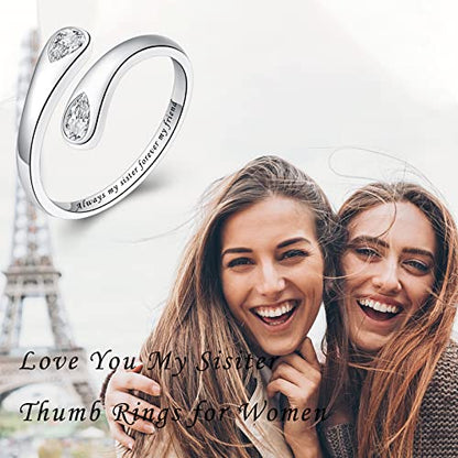 Fookduoduo 925 Sterling Silver Ring Inspirational Jewelry adjustable Wrap Open Rings for Women - style: Always my sister forever my friend，style 2
