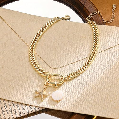 Moodear Gold Ankle Bracelets for Women Waterproof,14K Gold Plated Anklets | Waterproof, Non Tarnish Cuban Link Anklets, Trendy Jewelry Accessories for Summer Vacation, Beach Gifts for Women - style: Cuban Starfish Shell