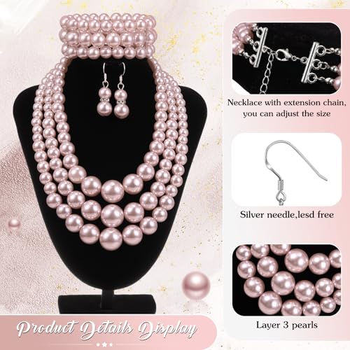Haysandy Pearl Jewelry Set for Women 20s Jewelry Gift | Retro Layered Necklace Bracelet Earring, Costume Accessories for Derby Wedding Prom Party, Dress Matching Occasions - color: Light Pink