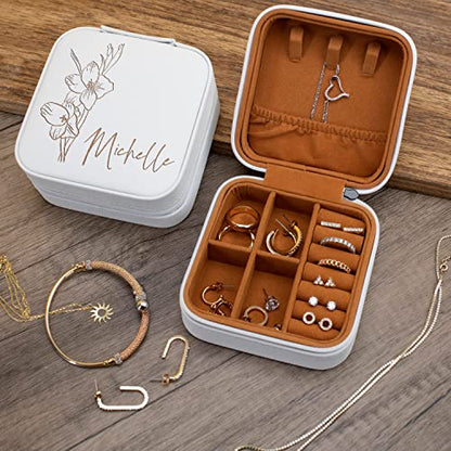 Custom Leather Jewelry Box w/Name & Birth Flower Month - Birthday Gifts for Women, Personalized Jewelry Travel Case - Customized Jewelry Organizer Box, Mom Birthday Gifts - Pink - color: Pink