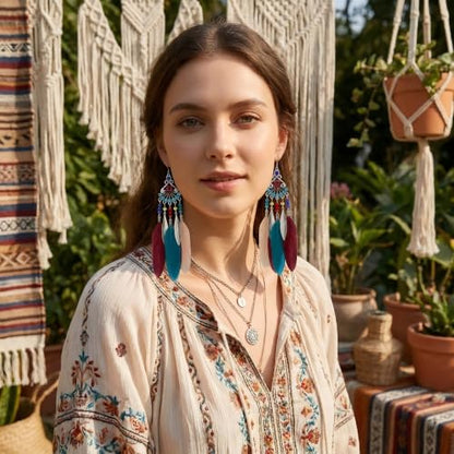 FRESHME Feather Earrings for Women - Native American Jewelry Boho Dangle Ethnic Indian Ear Drop for Music Festival Birthday - color: Dark Coloful