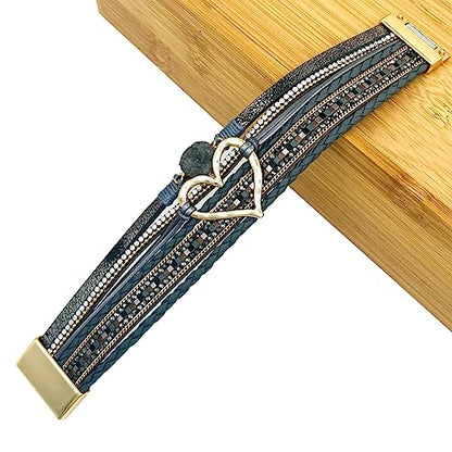 Womens Love Heart Leather Wrap Bracelet Multi-layer Stacked Bangle | Magnetic Clasp Soft PU Leather Resin Stone Rhinestone Boho Style Birthday Valentine Christmas Bohemian Jewelry Gift - color: Dark Grey