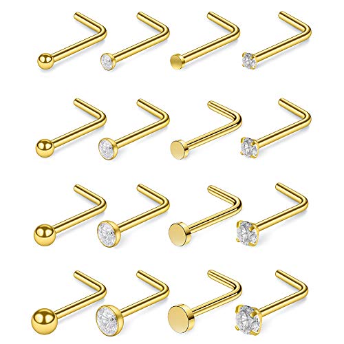 SCERRING 18G Stainless Steel L-Shaped Nose Stud Rings Tragus Lip Hoop Piercing Jewelry 1.5-3mm Clear CZ 8-30PCS - color: 16PCS - Gold