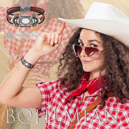 Inbagi 3 Pcs Western Turquoise Jewelry for Women Native American Jewelry White Turquoise Bracelet Bohemian Multi Layer Faux Leather Cowgirl Bracelet for Girls Women Silver Cuff Bangle - style: Gentle