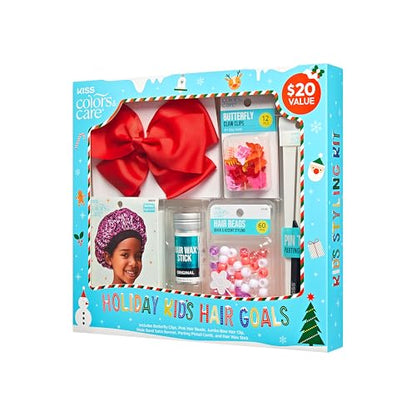 KISS Colors & Care Holiday Hair Goals Kids Hair Styling Gift Set, 12 Pc. Butterfly Claw Clips, 60 Pc. Pink Hair Beads, Wideband Satin Bonnet, Jumbo Bow Hair Clip, Hair Wax Stick, Parting Pintail Comb