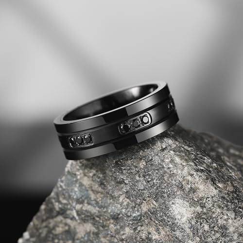 King Will Mens Tungsten Wedding Band with Cubic Zircon Inlay 7mm/8mm Flat Cut Comfort Fit Engagement Rings - color: B-Black&Black-8mm