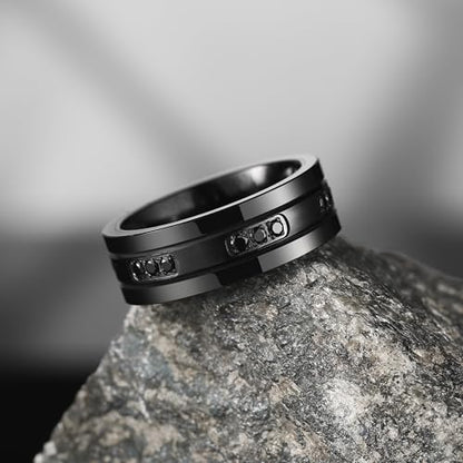 King Will Mens Tungsten Wedding Band with Cubic Zircon Inlay 7mm/8mm Flat Cut Comfort Fit Engagement Rings - color: B-Black&Black-8mm