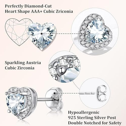 Bestyle Sparkling 925 Sterling Silver Birthstone Stud Earrings for Women, Heart/Round/Teardrop/Square Solitaire Diamond Studs Earrings, Great Birthday/Christmas Gifts - style: 04. White Diamond-April-heart