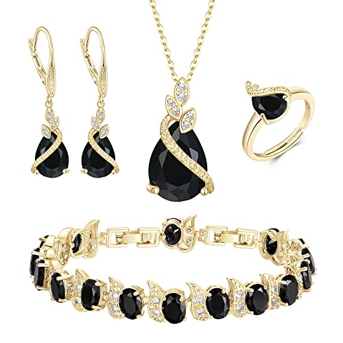 Jewelry Set for Bride, Sparkling Water Drop Cubic Zirconia Crystal Pendant Necklace Leverback Earrings Tennis Bracelet Adjustable Ring Gift for Wedding/Birthday/Mother's Day/Christmas - color: 07-Black Gold-Plated-Brass