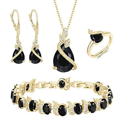 Jewelry Set for Bride, Sparkling Water Drop Cubic Zirconia Crystal Pendant Necklace Leverback Earrings Tennis Bracelet Adjustable Ring Gift for Wedding/Birthday/Mother's Day/Christmas - color: 07-Black Gold-Plated-Brass