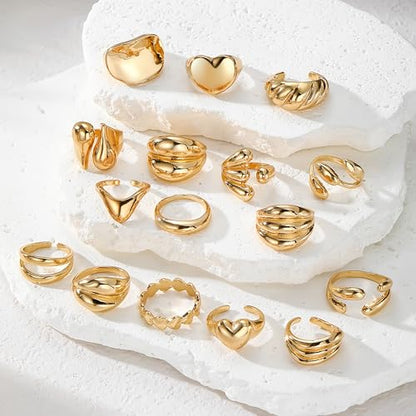 31 Pcs Chunky Gold Rings Fashion Stackable Rings for Women Statement Womens Rings Set Knuckle Band Ring Jewelry Gifts - style: Golden 16 pcs